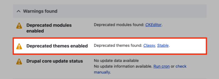 Screenshot of warning message for dependency on Stable and Classy