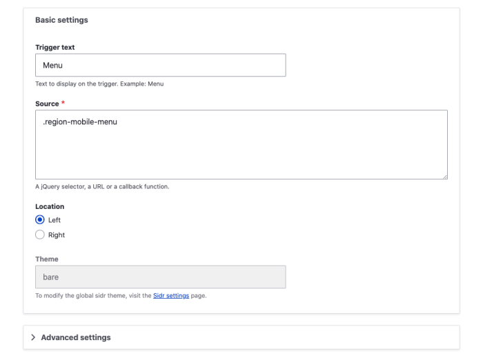 Sidr block settings form