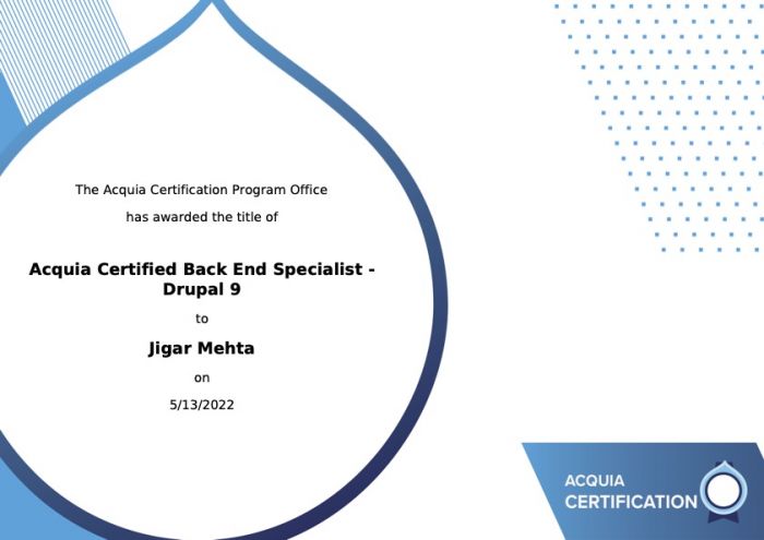 Certificate for the Drupal Back End Specialist test for Drupal 9