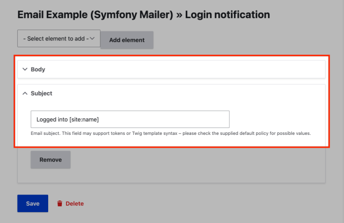 Screenshot of editing email policies to configure email content