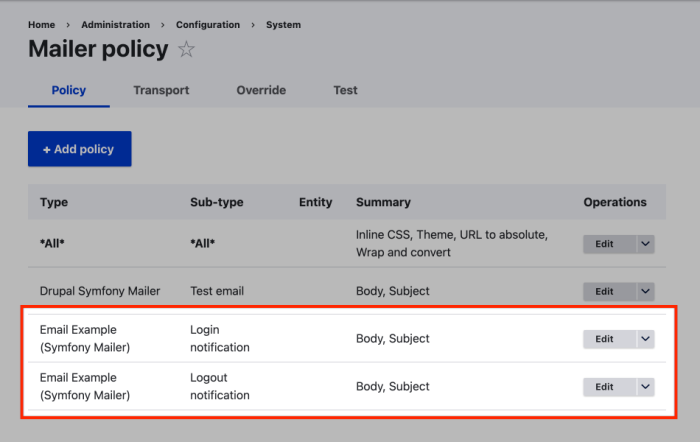 Screenshot of Mailer Policy administration page