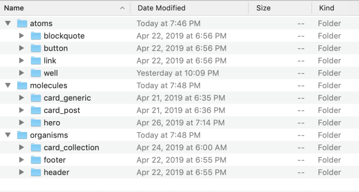 Screenshot of UI Patterns arranged as per Atomic Design