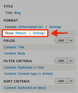 Screenshot of configuring views row display as UI patterns