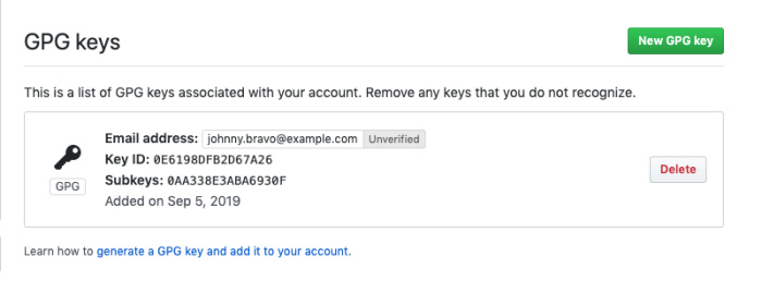 Screenshot of GitHub showing a GPG key in profile settings