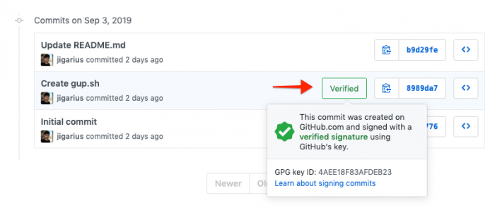 Screenshot of verified commits on GitHub
