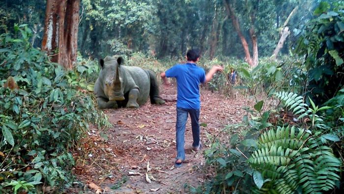My colleague scaring off a rhino in the forest